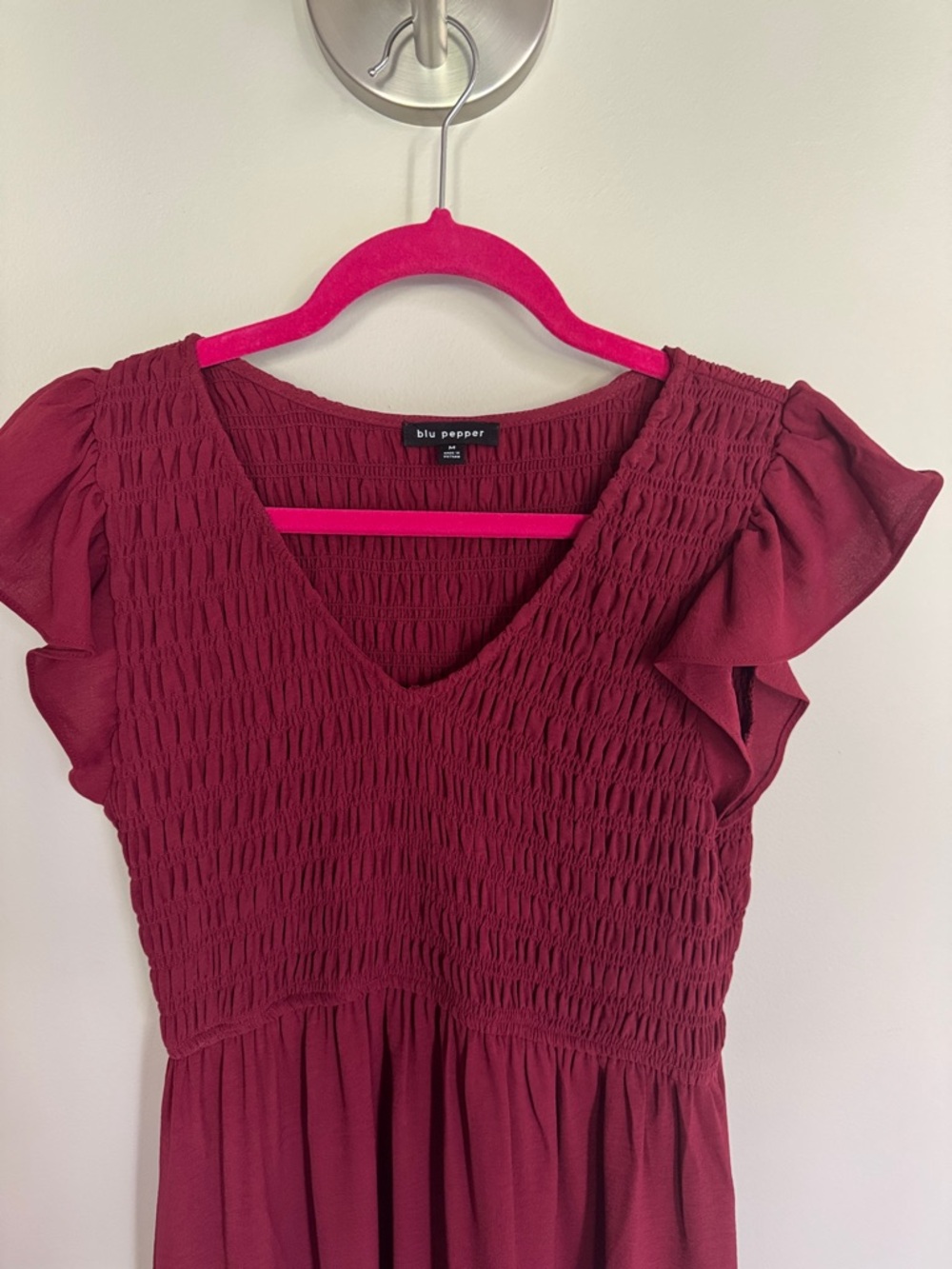 Blu Pepper Burgundy Smocked V-Neck Tiered Maxi Dress - Picture 2 of 8